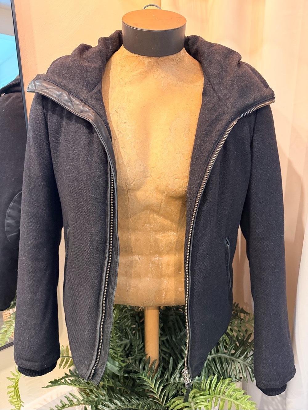 Mackage Men's Black Hooded Zip Jacket with Leather Trim